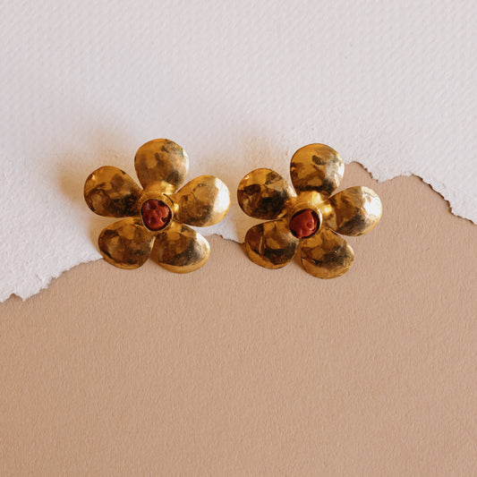 The Red Stone Flower Earrings